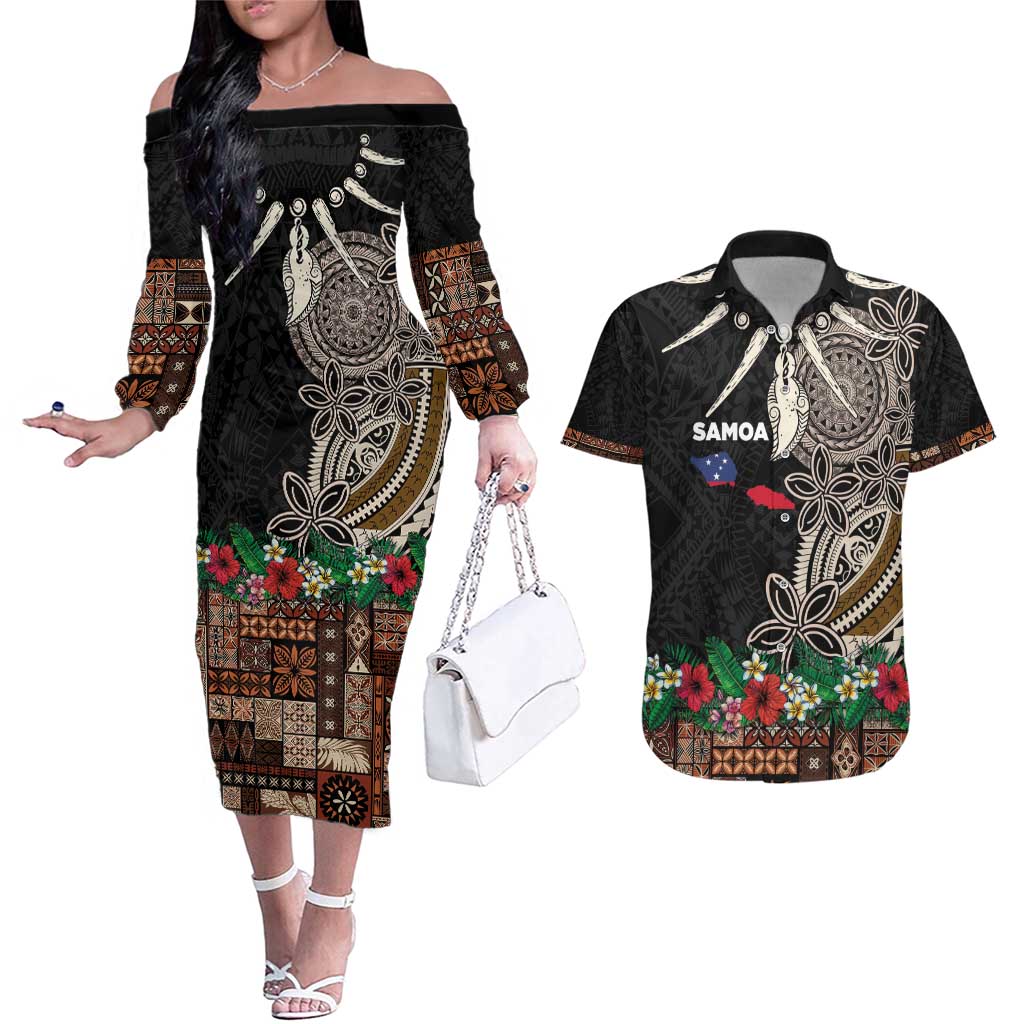 Samoa Siapo Polynesian Art Couples Matching Off The Shoulder Long Sleeve Dress and Hawaiian Shirt Tropical Flowers and Tatau Pattern Brown LT03 Brown - Polynesian Pride