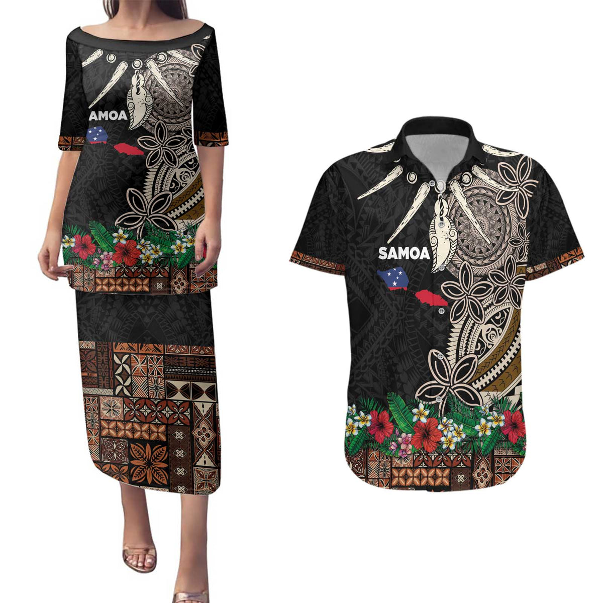 Samoa Siapo Polynesian Art Couples Matching Puletasi and Hawaiian Shirt Tropical Flowers and Tatau Pattern Brown LT03 Brown - Polynesian Pride