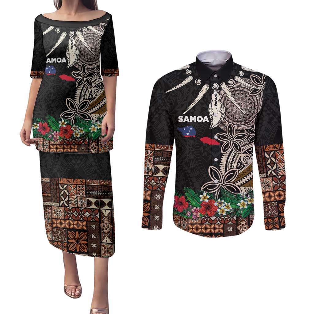 Samoa Siapo Polynesian Art Couples Matching Puletasi and Long Sleeve Button Shirt Tropical Flowers and Tatau Pattern Brown LT03 Brown - Polynesian Pride