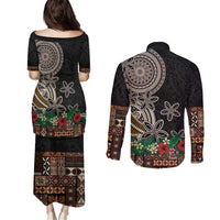 Samoa Siapo Polynesian Art Couples Matching Puletasi and Long Sleeve Button Shirt Tropical Flowers and Tatau Pattern Brown LT03 - Polynesian Pride