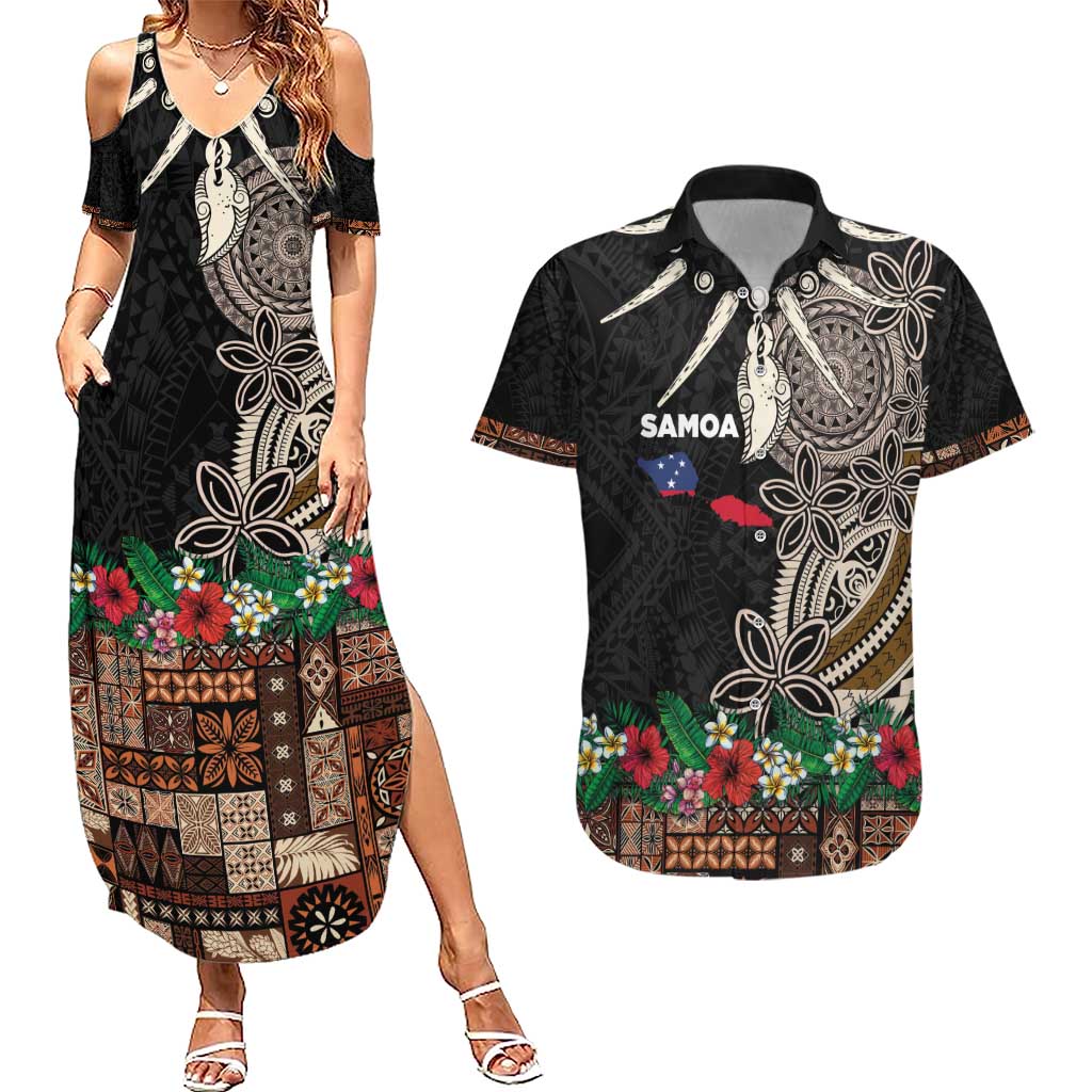 Samoa Siapo Polynesian Art Couples Matching Summer Maxi Dress and Hawaiian Shirt Tropical Flowers and Tatau Pattern Brown LT03 Brown - Polynesian Pride