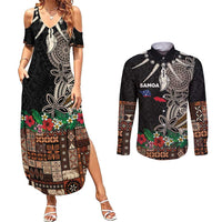 Samoa Siapo Polynesian Art Couples Matching Summer Maxi Dress and Long Sleeve Button Shirt Tropical Flowers and Tatau Pattern Brown LT03 Brown - Polynesian Pride