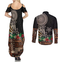 Samoa Siapo Polynesian Art Couples Matching Summer Maxi Dress and Long Sleeve Button Shirt Tropical Flowers and Tatau Pattern Brown LT03 - Polynesian Pride