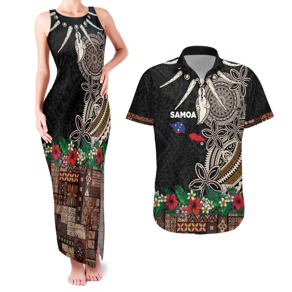Samoa Siapo Polynesian Art Couples Matching Tank Maxi Dress and Hawaiian Shirt Tropical Flowers and Tatau Pattern Brown LT03 Brown - Polynesian Pride