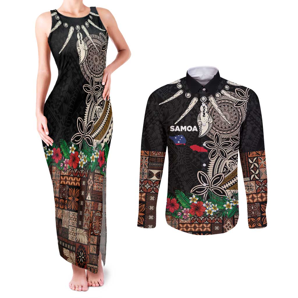 Samoa Siapo Polynesian Art Couples Matching Tank Maxi Dress and Long Sleeve Button Shirt Tropical Flowers and Tatau Pattern Brown LT03 Brown - Polynesian Pride