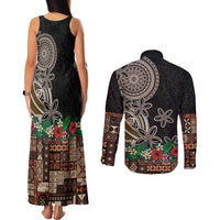 Samoa Siapo Polynesian Art Couples Matching Tank Maxi Dress and Long Sleeve Button Shirt Tropical Flowers and Tatau Pattern Brown LT03 - Polynesian Pride