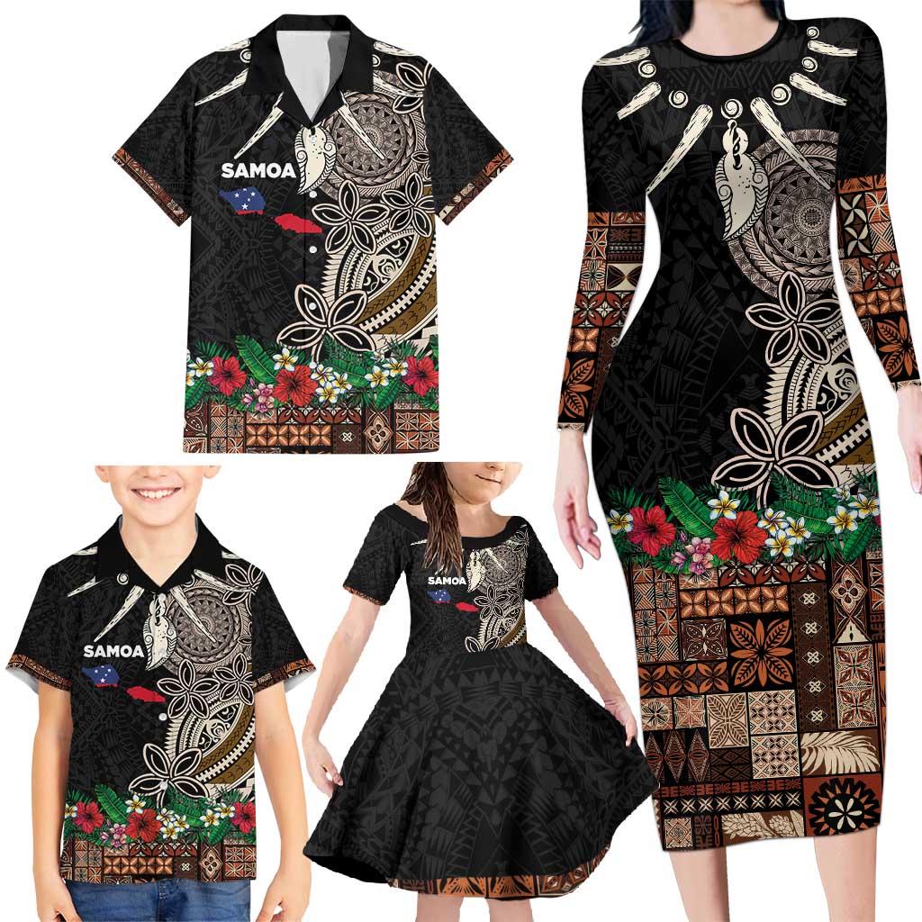 Samoa Siapo Polynesian Art Family Matching Long Sleeve Bodycon Dress and Hawaiian Shirt Tropical Flowers and Tatau Pattern Brown