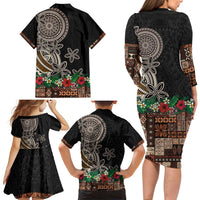 Samoa Siapo Polynesian Art Family Matching Long Sleeve Bodycon Dress and Hawaiian Shirt Tropical Flowers and Tatau Pattern Brown