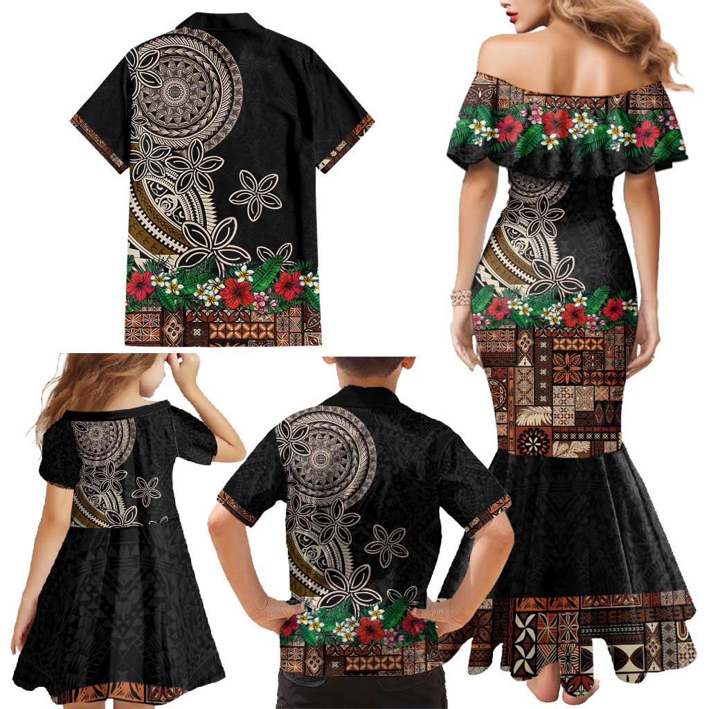 Samoa Siapo Polynesian Art Family Matching Mermaid Dress and Hawaiian Shirt Tropical Flowers and Tatau Pattern Brown