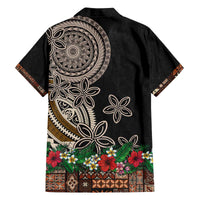 Samoa Siapo Polynesian Art Family Matching Off The Shoulder Long Sleeve Dress and Hawaiian Shirt Tropical Flowers and Tatau Pattern Brown