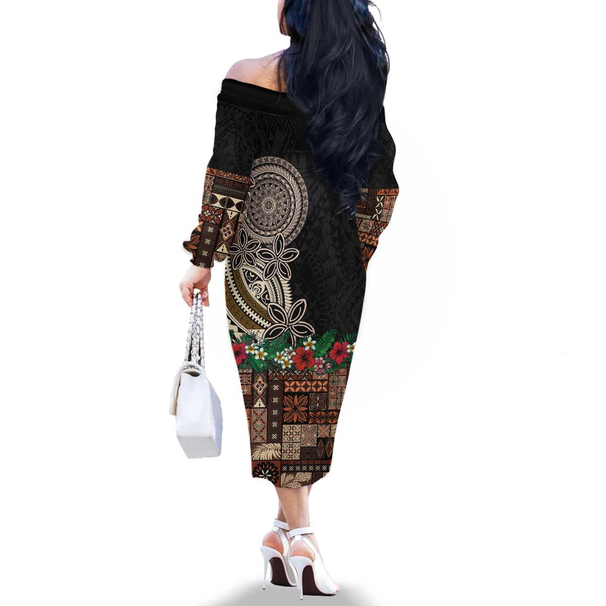 Samoa Siapo Polynesian Art Family Matching Off The Shoulder Long Sleeve Dress and Hawaiian Shirt Tropical Flowers and Tatau Pattern Brown