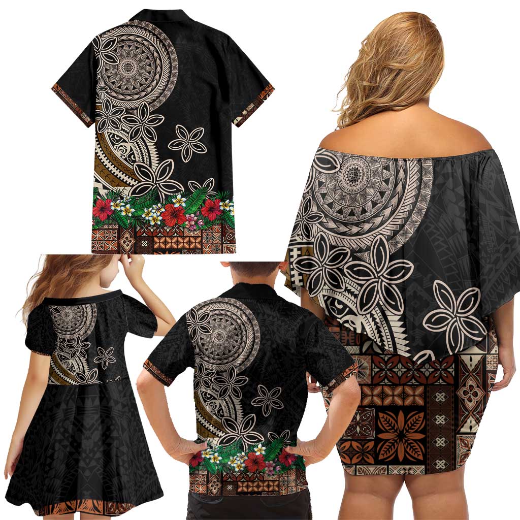 Samoa Siapo Polynesian Art Family Matching Off Shoulder Short Dress and Hawaiian Shirt Tropical Flowers and Tatau Pattern Brown