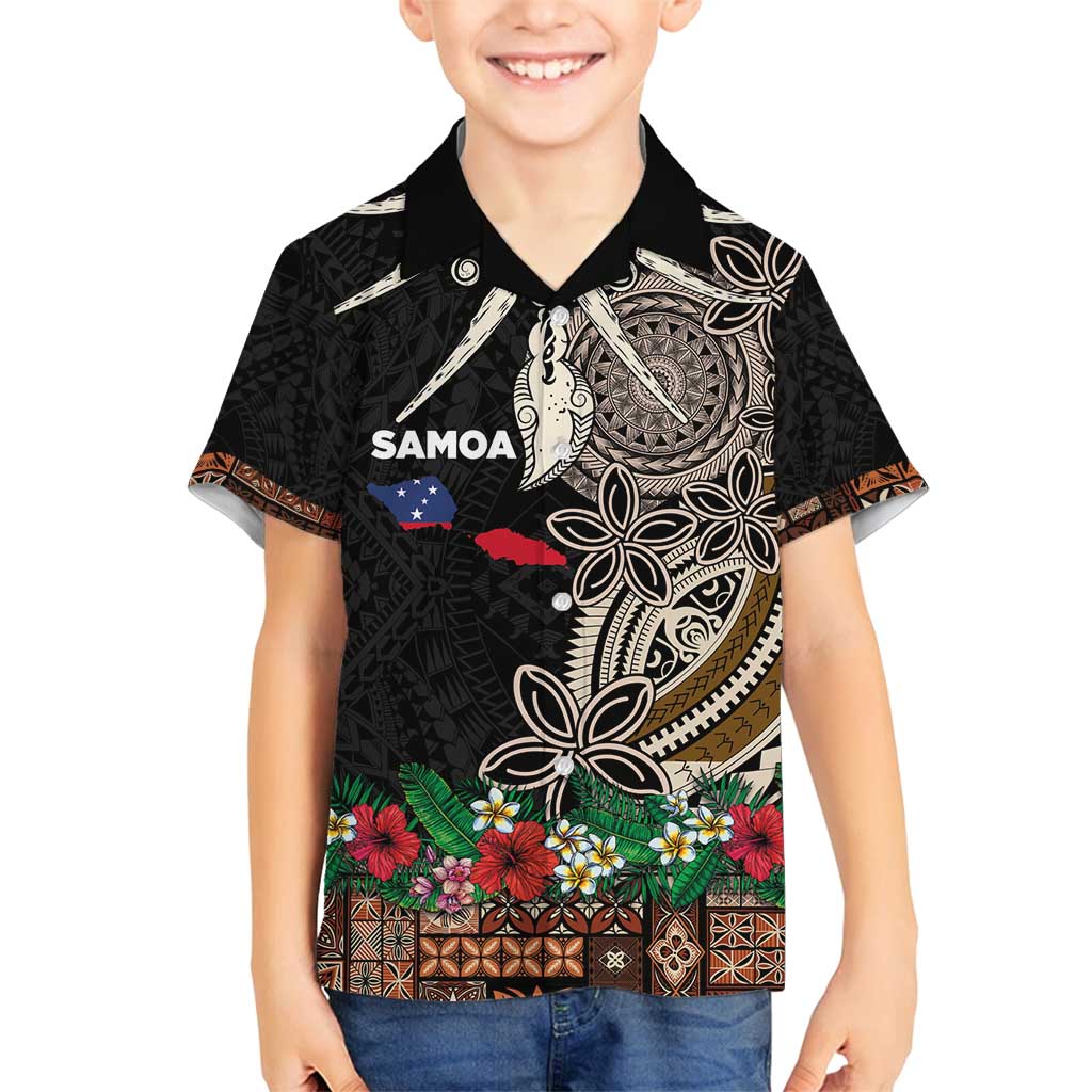 Samoa Siapo Polynesian Art Family Matching Off Shoulder Short Dress and Hawaiian Shirt Tropical Flowers and Tatau Pattern Brown