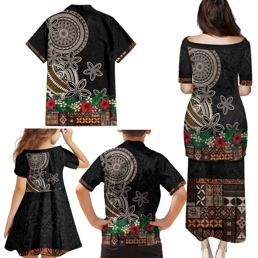 Samoa Siapo Polynesian Art Family Matching Puletasi and Hawaiian Shirt Tropical Flowers and Tatau Pattern Brown