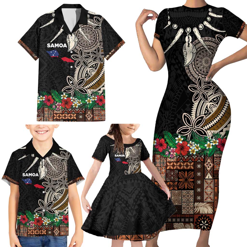 Samoa Siapo Polynesian Art Family Matching Short Sleeve Bodycon Dress and Hawaiian Shirt Tropical Flowers and Tatau Pattern Brown