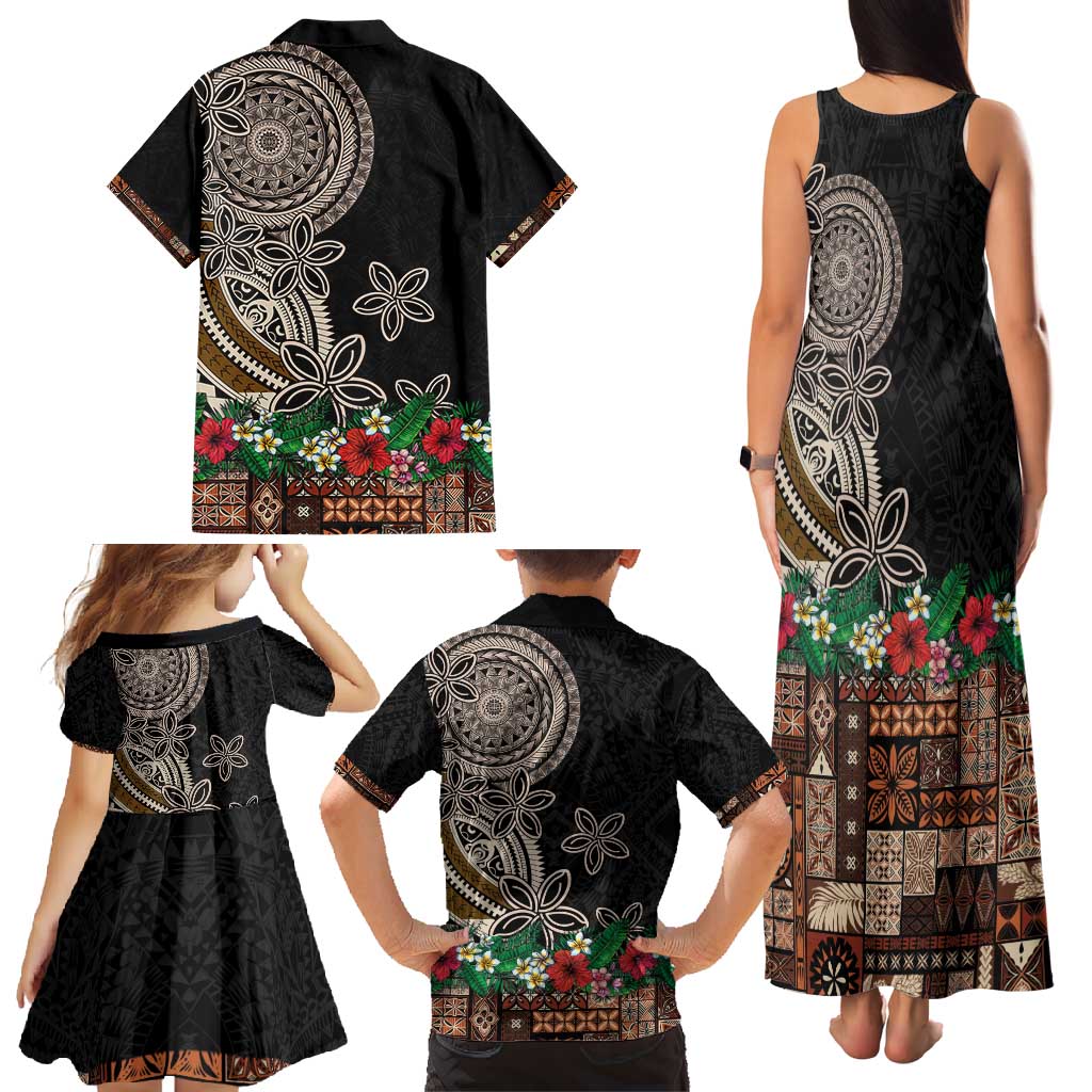 Samoa Siapo Polynesian Art Family Matching Tank Maxi Dress and Hawaiian Shirt Tropical Flowers and Tatau Pattern Brown