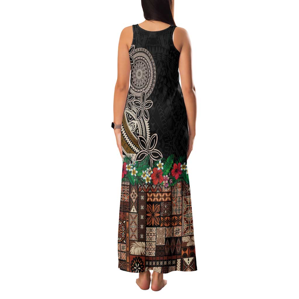 Samoa Siapo Polynesian Art Family Matching Tank Maxi Dress and Hawaiian Shirt Tropical Flowers and Tatau Pattern Brown