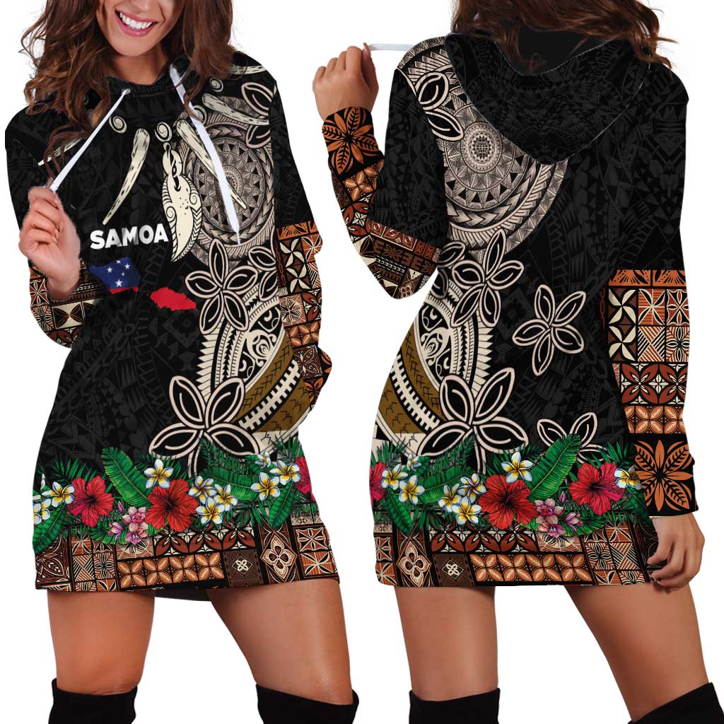 Samoa Siapo Polynesian Art Hoodie Dress Tropical Flowers and Tatau Pattern Brown
