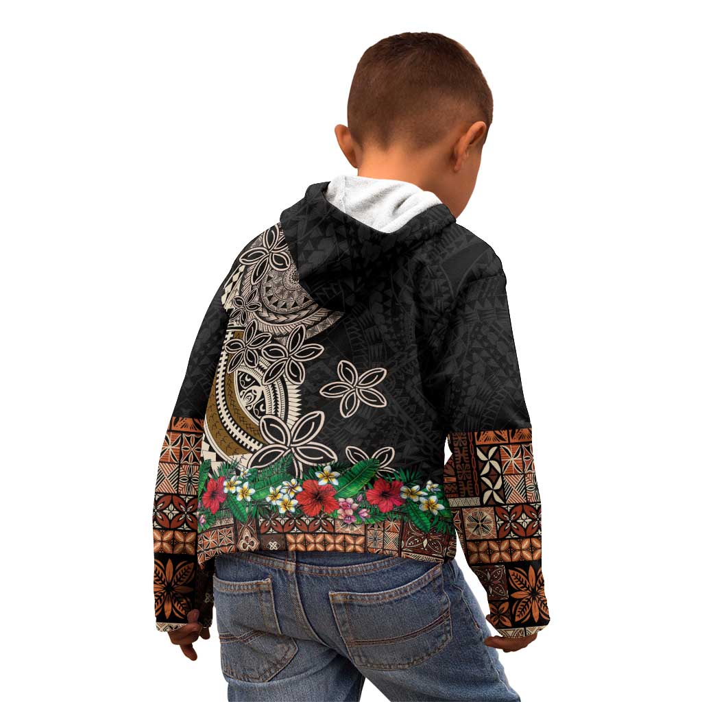 Samoa Siapo Polynesian Art Kid Hoodie Tropical Flowers and Tatau Pattern Brown