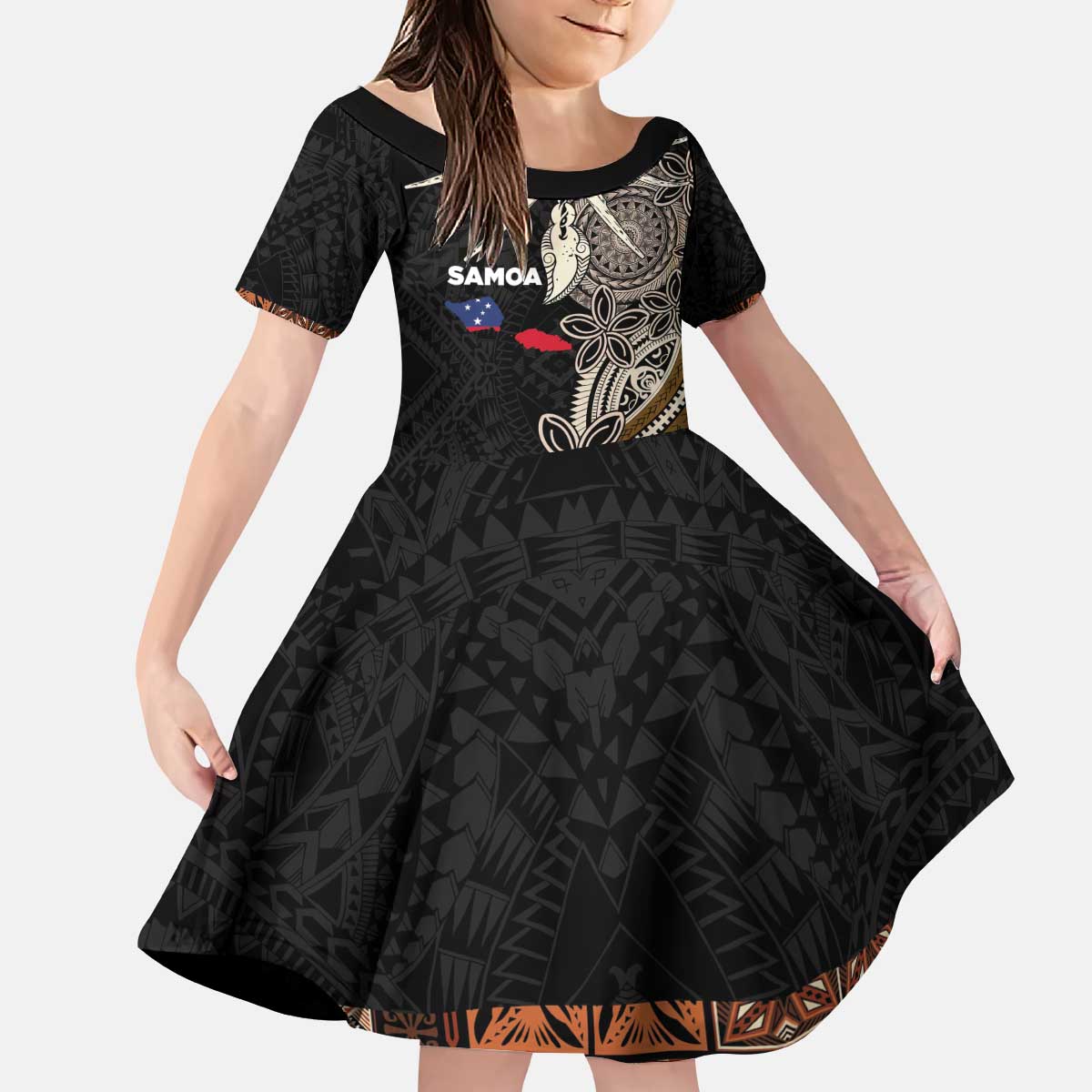 Samoa Siapo Polynesian Art Kid Short Sleeve Dress Tropical Flowers and Tatau Pattern Brown LT03 KID Brown - Polynesian Pride