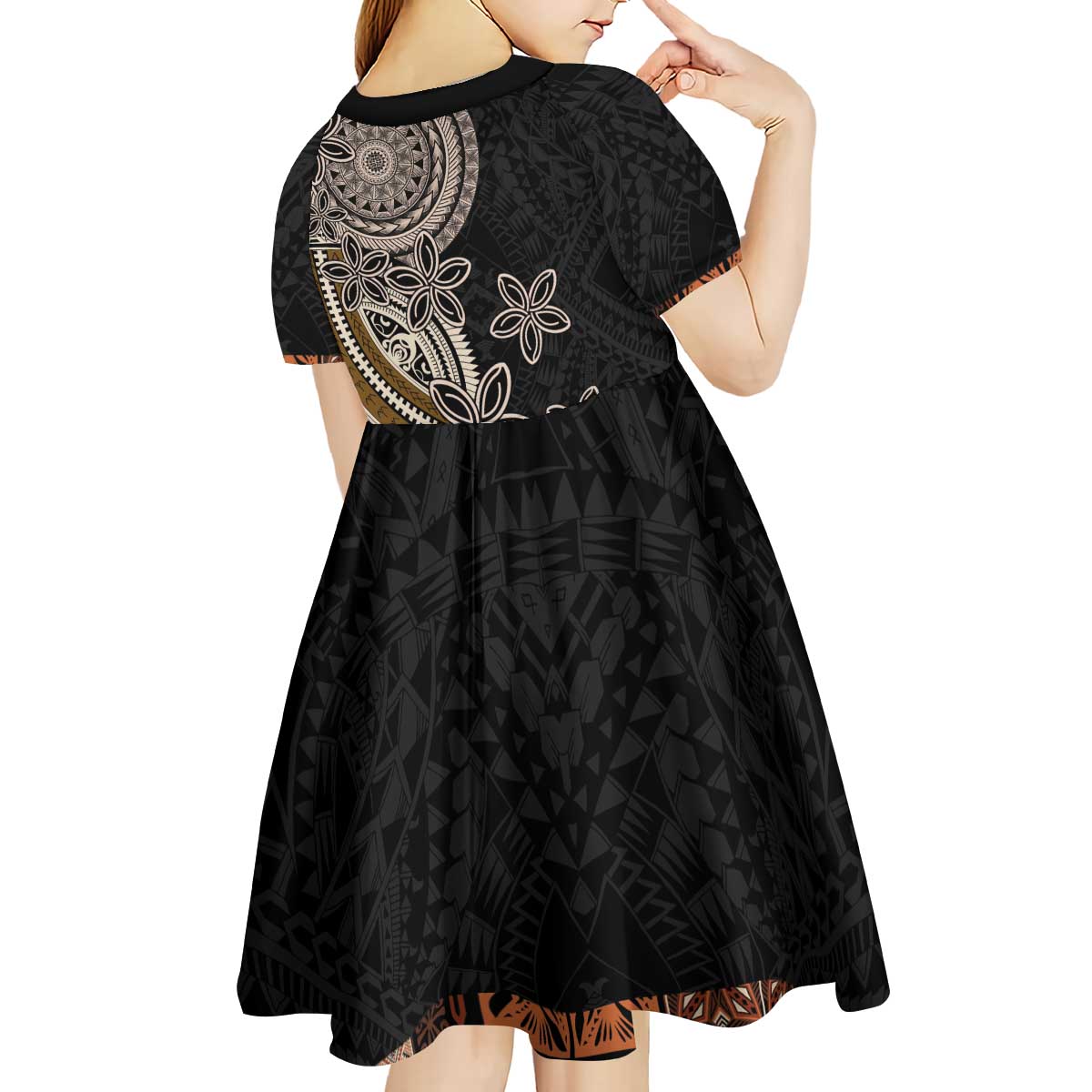 Samoa Siapo Polynesian Art Kid Short Sleeve Dress Tropical Flowers and Tatau Pattern Brown LT03 - Polynesian Pride