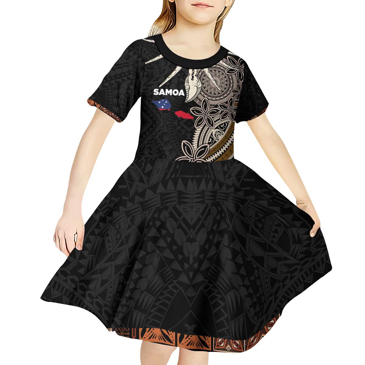 Samoa Siapo Polynesian Art Kid Short Sleeve Dress Tropical Flowers and Tatau Pattern Brown LT03 - Polynesian Pride