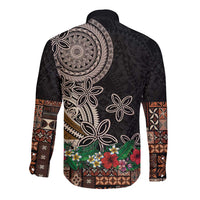 Samoa Siapo Polynesian Art Long Sleeve Button Shirt Tropical Flowers and Tatau Pattern Brown LT03 - Polynesian Pride