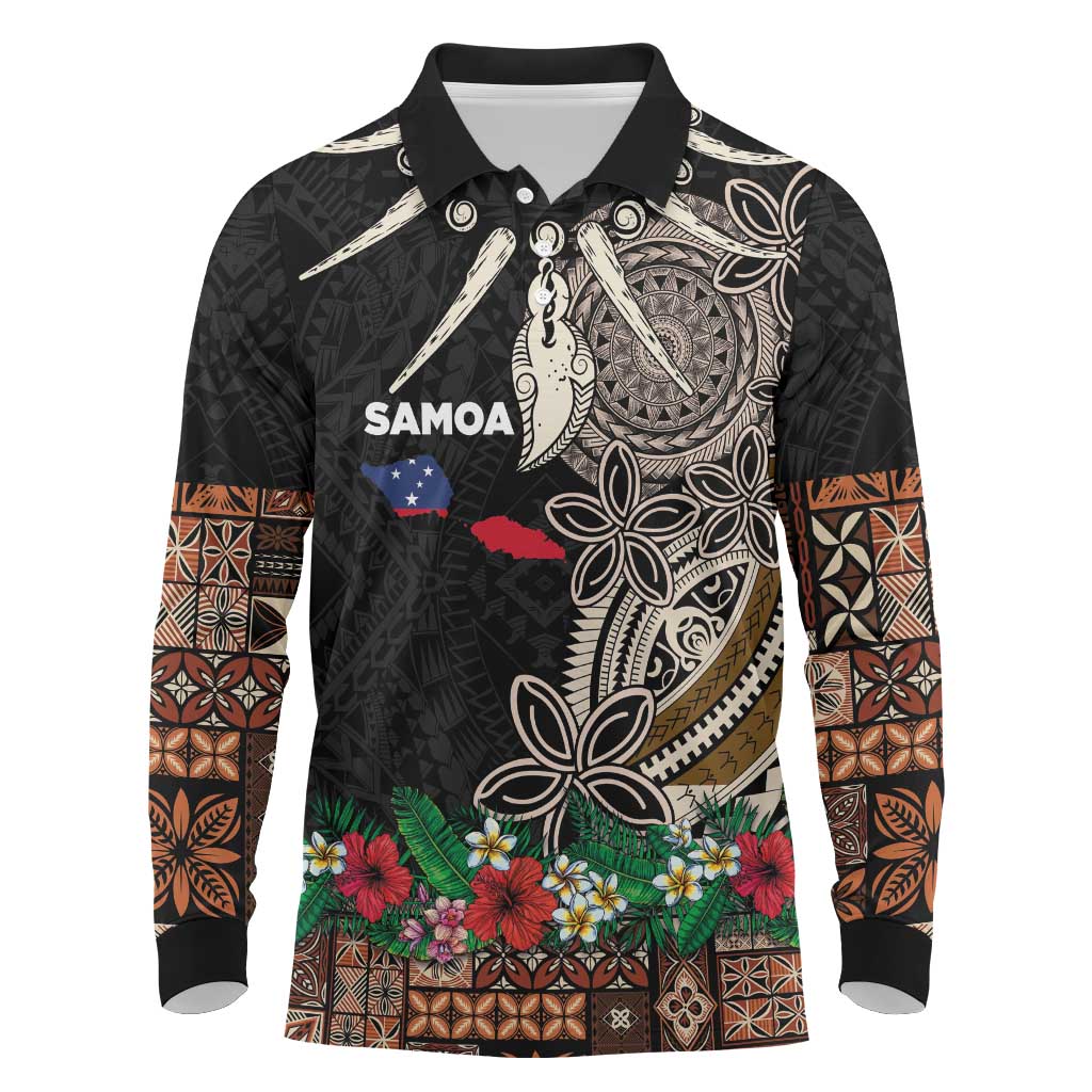 Samoa Siapo Polynesian Art Long Sleeve Polo Shirt Tropical Flowers and Tatau Pattern Brown