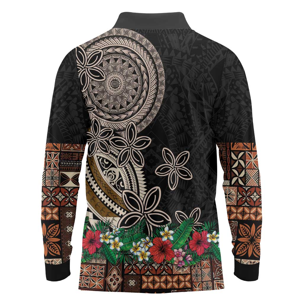 Samoa Siapo Polynesian Art Long Sleeve Polo Shirt Tropical Flowers and Tatau Pattern Brown