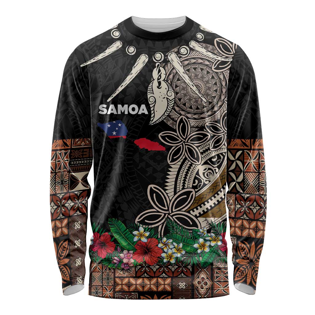 Samoa Siapo Polynesian Art Long Sleeve Shirt Tropical Flowers and Tatau Pattern Brown LT03 Unisex Brown - Polynesian Pride