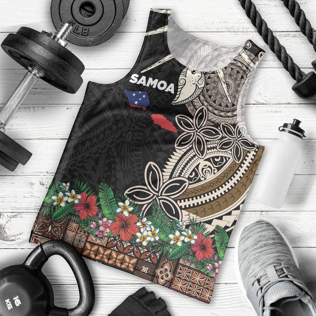 Samoa Siapo Polynesian Art Men Tank Top Tropical Flowers and Tatau Pattern Brown