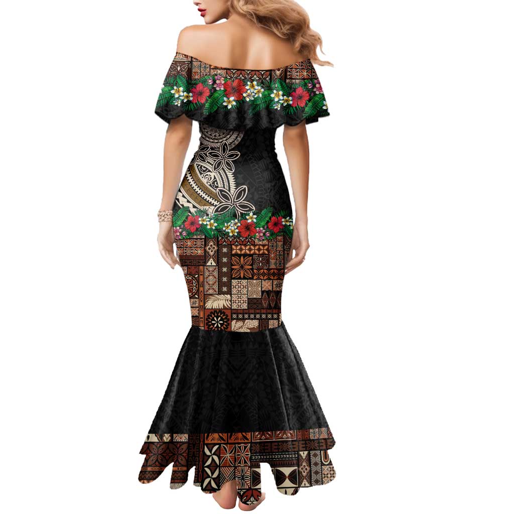 Samoa Siapo Polynesian Art Mermaid Dress Tropical Flowers and Tatau Pattern Brown