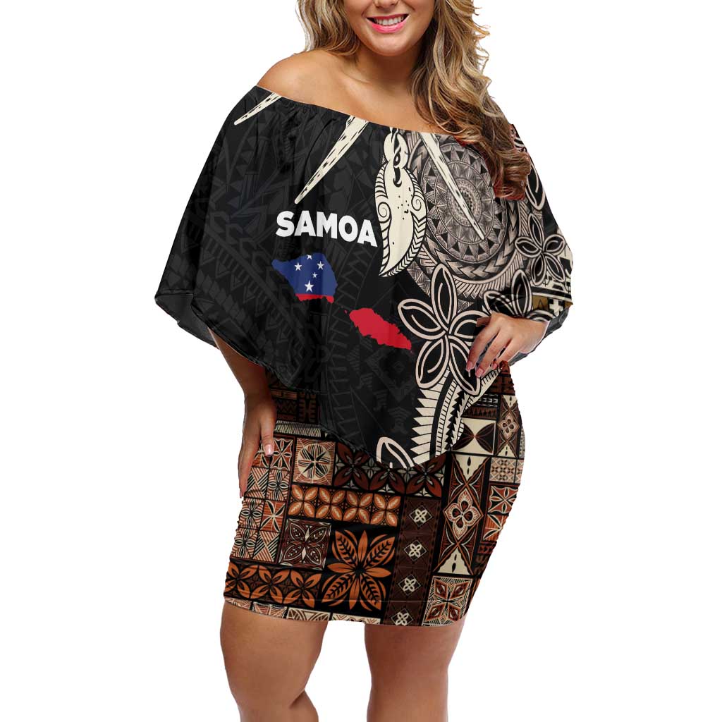 Samoa Siapo Polynesian Art Off Shoulder Short Dress Tropical Flowers and Tatau Pattern Brown