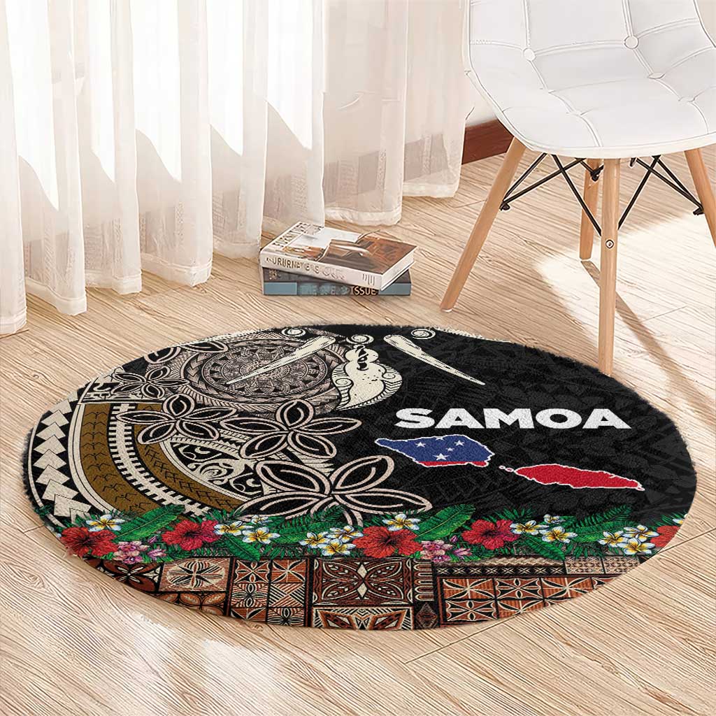 Samoa Siapo Polynesian Art Round Carpet Tropical Flowers and Tatau Pattern Brown