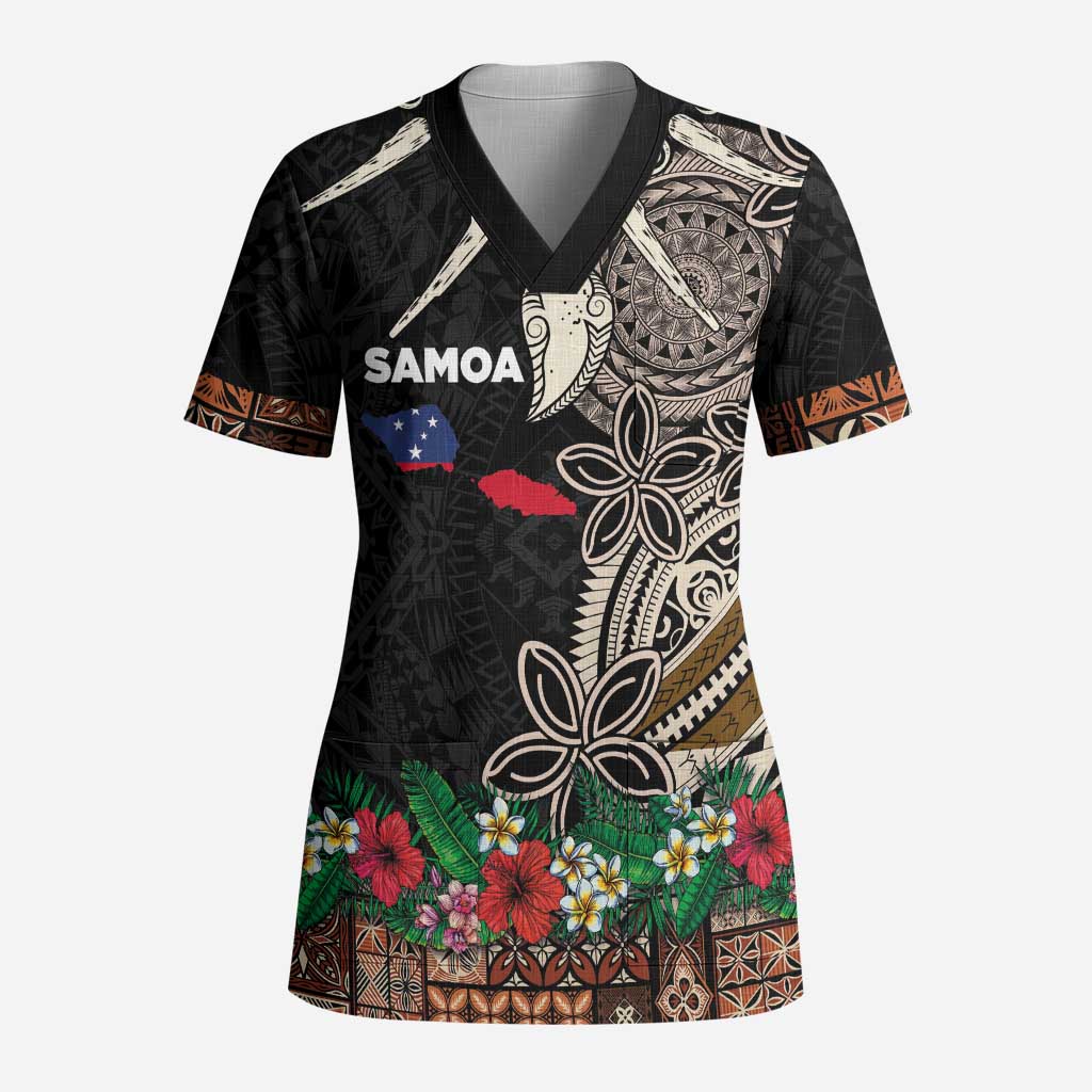 Samoa Siapo Polynesian Art Scrub Top Tropical Flowers and Tatau Pattern Brown LT03 Adult Brown - Polynesian Pride