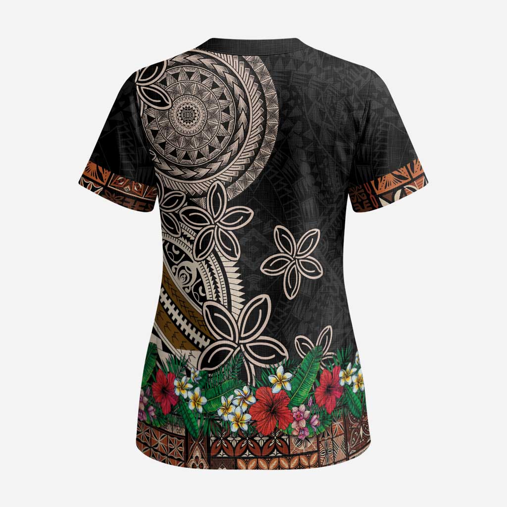 Samoa Siapo Polynesian Art Scrub Top Tropical Flowers and Tatau Pattern Brown LT03 - Polynesian Pride