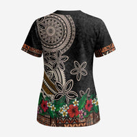 Samoa Siapo Polynesian Art Scrub Top Tropical Flowers and Tatau Pattern Brown LT03 - Polynesian Pride