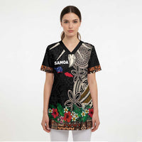 Samoa Siapo Polynesian Art Scrub Top Tropical Flowers and Tatau Pattern Brown LT03 - Polynesian Pride
