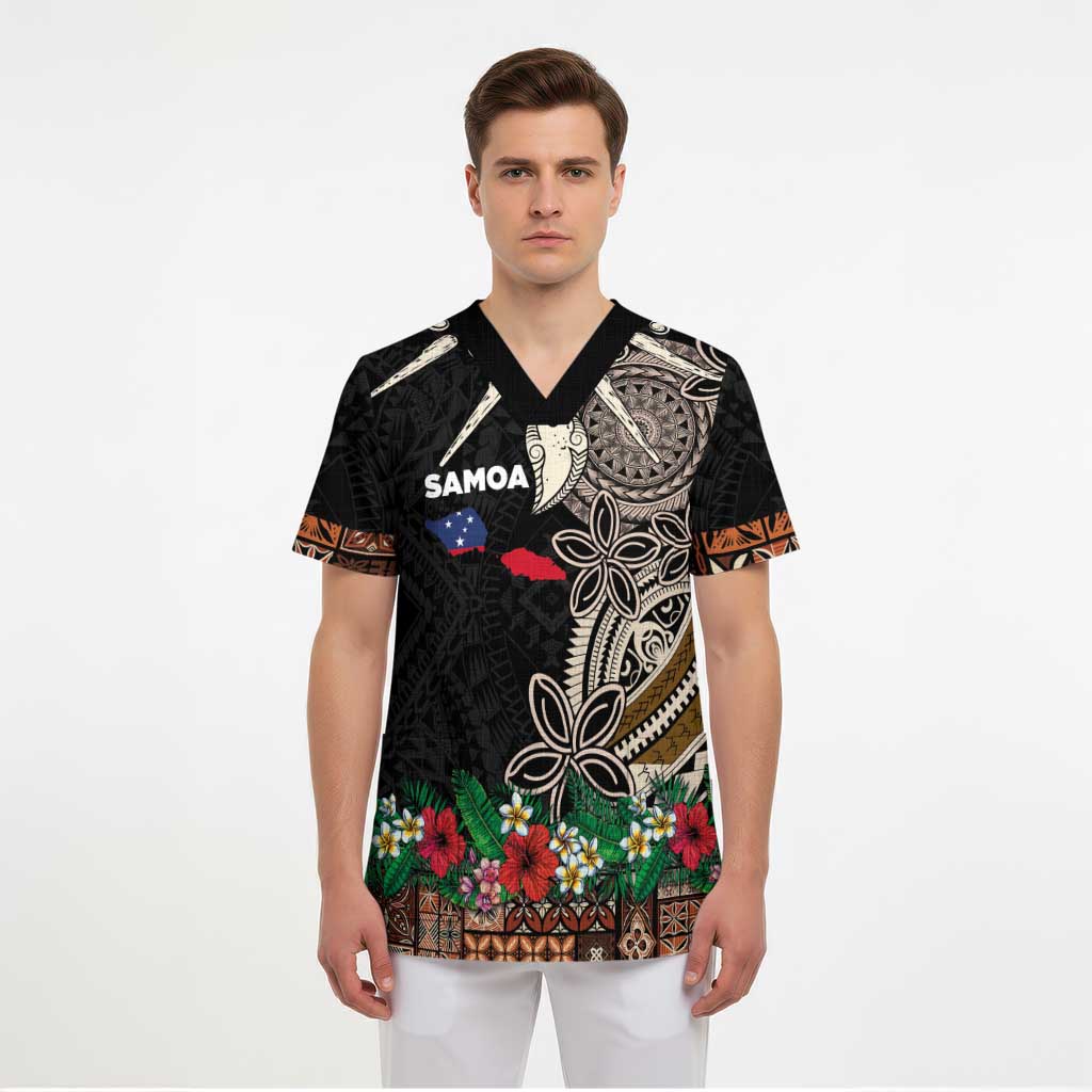 Samoa Siapo Polynesian Art Scrub Top Tropical Flowers and Tatau Pattern Brown LT03 - Polynesian Pride