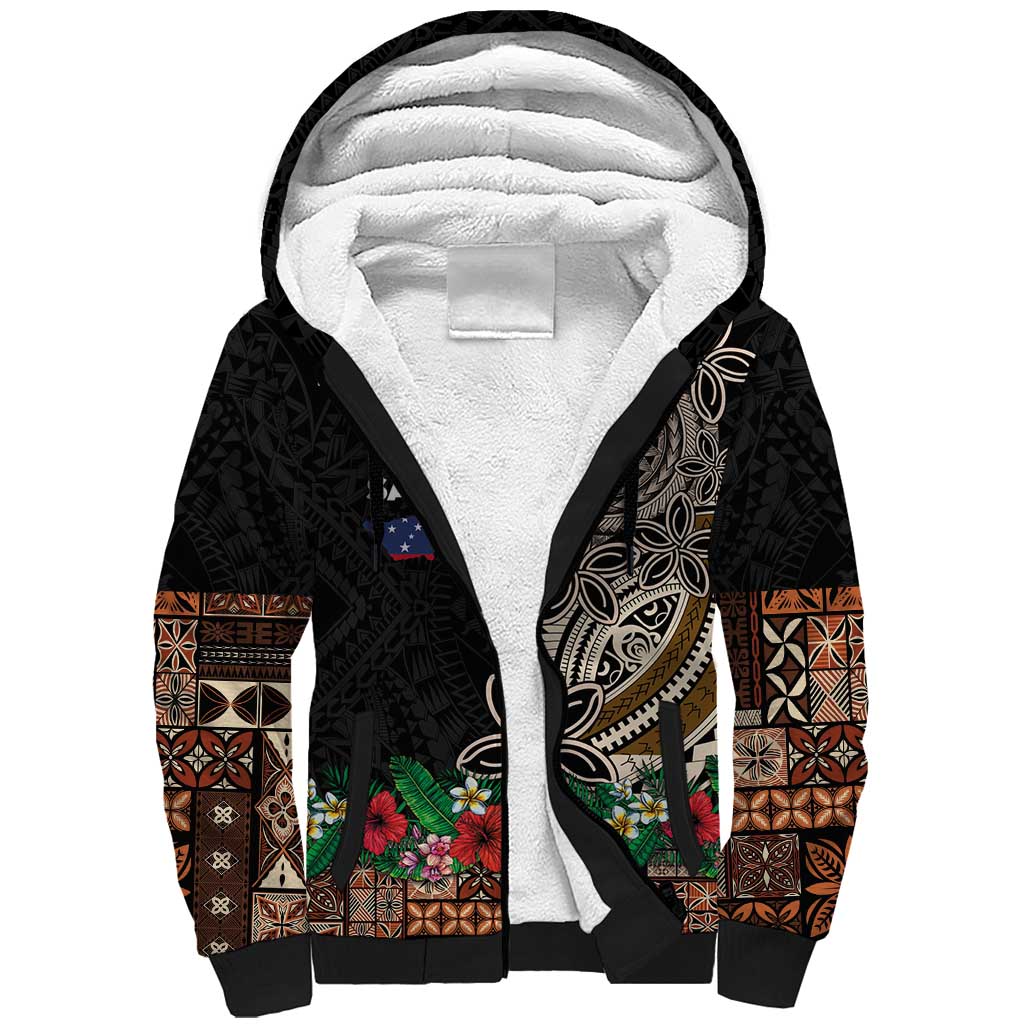 Samoa Siapo Polynesian Art Sherpa Hoodie Tropical Flowers and Tatau Pattern Brown LT03 Unisex Brown - Polynesian Pride