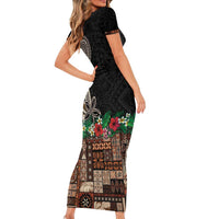 Samoa Siapo Polynesian Art Short Sleeve Bodycon Dress Tropical Flowers and Tatau Pattern Brown