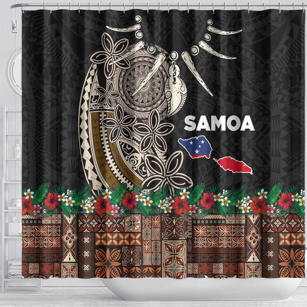 Samoa Siapo Polynesian Art Shower Curtain Tropical Flowers and Tatau Pattern Brown