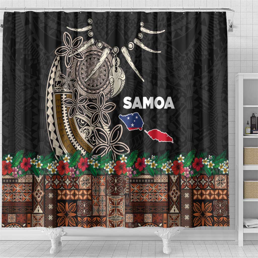 Samoa Siapo Polynesian Art Shower Curtain Tropical Flowers and Tatau Pattern Brown
