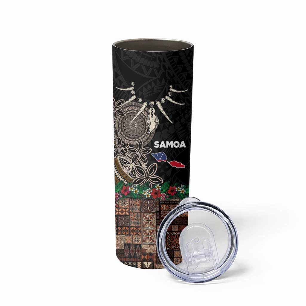 Samoa Siapo Polynesian Art Skinny Tumbler Tropical Flowers and Tatau Pattern Brown