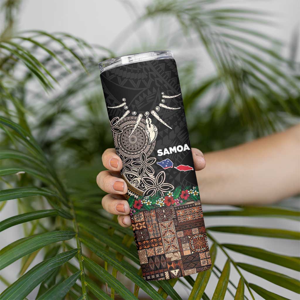 Samoa Siapo Polynesian Art Skinny Tumbler Tropical Flowers and Tatau Pattern Brown