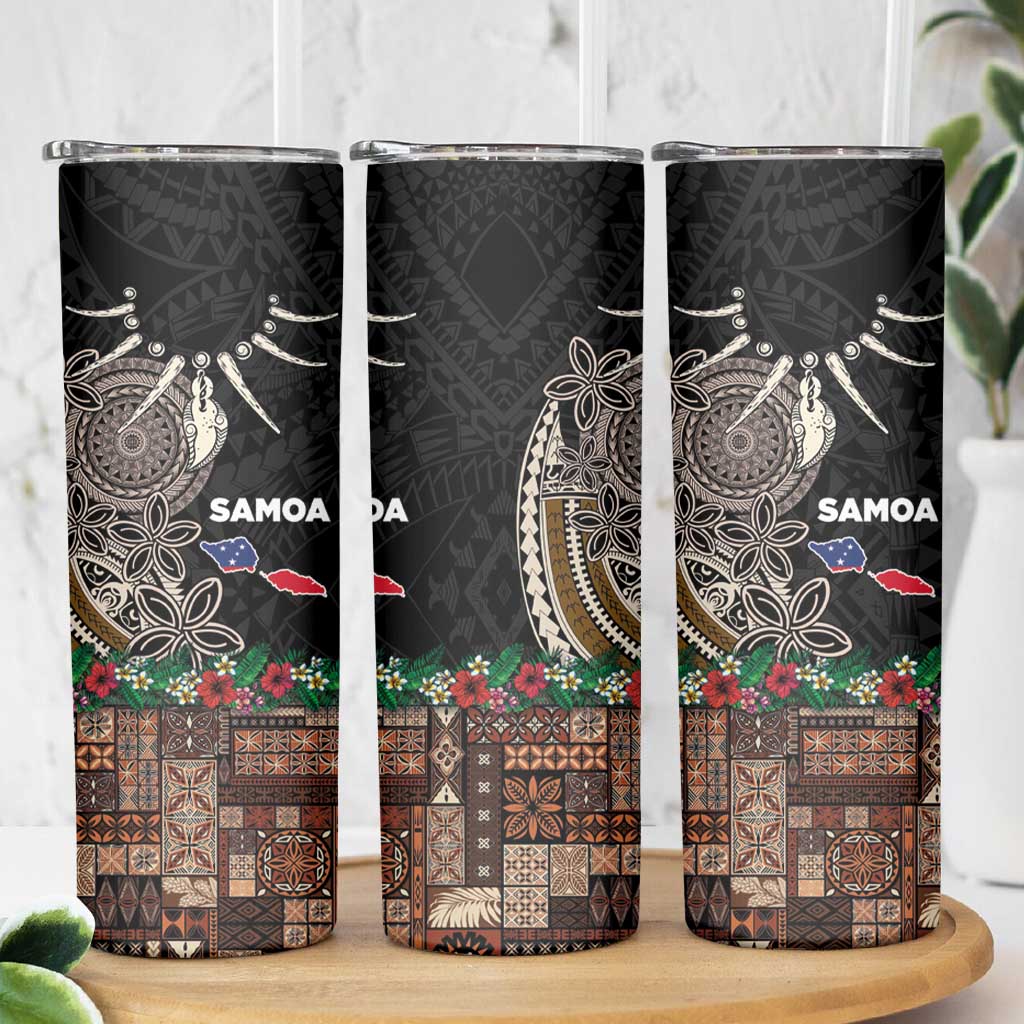 Samoa Siapo Polynesian Art Skinny Tumbler Tropical Flowers and Tatau Pattern Brown