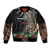Samoa Siapo Polynesian Art Sleeve Zip Bomber Jacket Tropical Flowers and Tatau Pattern Brown