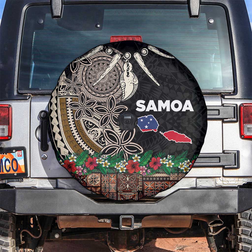 Samoa Siapo Polynesian Art Spare Tire Cover Tropical Flowers and Tatau Pattern Brown
