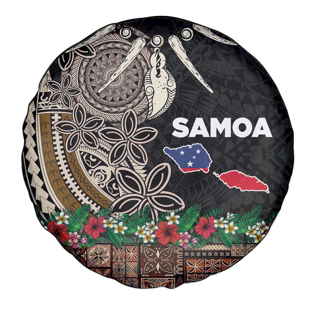 Samoa Siapo Polynesian Art Spare Tire Cover Tropical Flowers and Tatau Pattern Brown