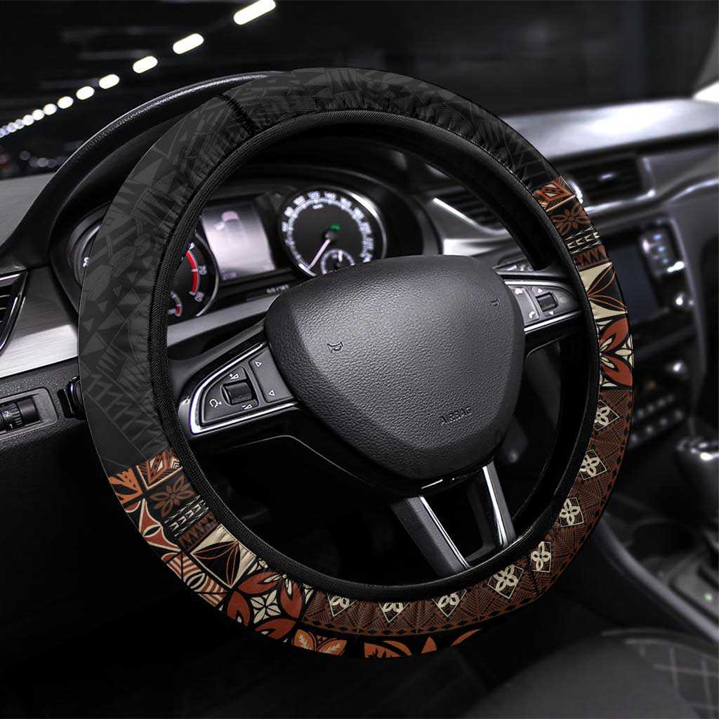 Samoa Siapo Polynesian Art Steering Wheel Cover Tropical Flowers and Tatau Pattern Brown LT03 Universal Fit Brown - Polynesian Pride
